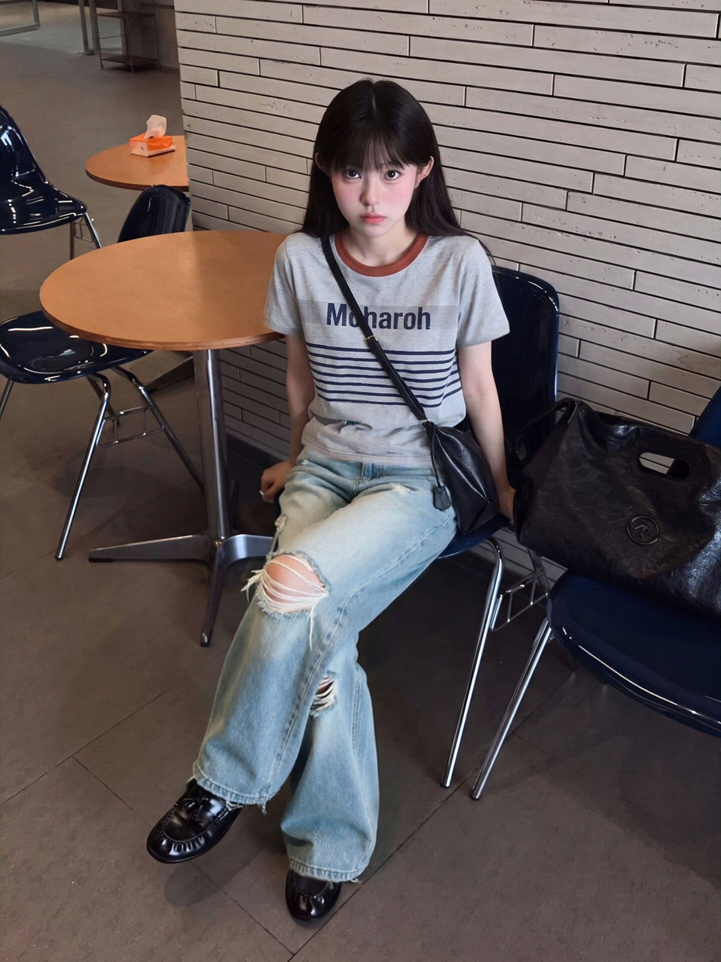 230 크 32 더블 실 긍정적 인 어깨 티셔츠 일반 루즈핏 라운드 넥 배색 반팔 상세 이미지 5