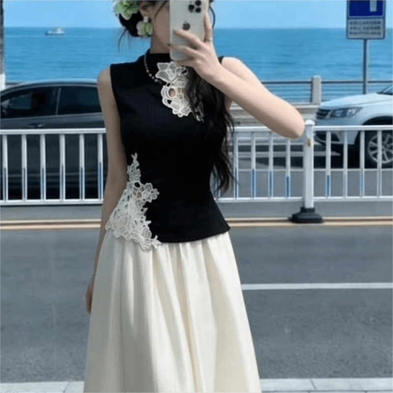 1 1 순면 리브 원본 홀로우 아웃 트임 테두리 압착 레이스 홀로우 아웃 디자인 높은 탄력성 품질 민소매 이미지 2