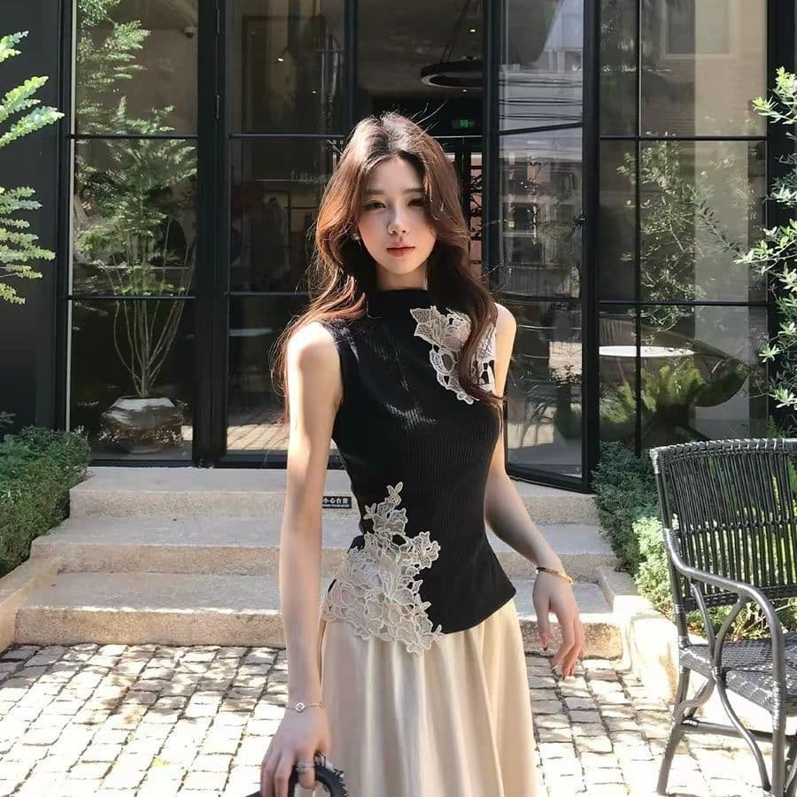 1 1 순면 리브 원본 홀로우 아웃 트임 테두리 압착 레이스 홀로우 아웃 디자인 높은 탄력성 품질 민소매