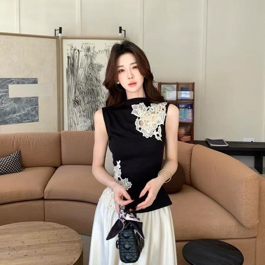 1 1 순면 리브 원본 홀로우 아웃 트임 테두리 압착 레이스 홀로우 아웃 디자인 높은 탄력성 품질 민소매 이미지 3