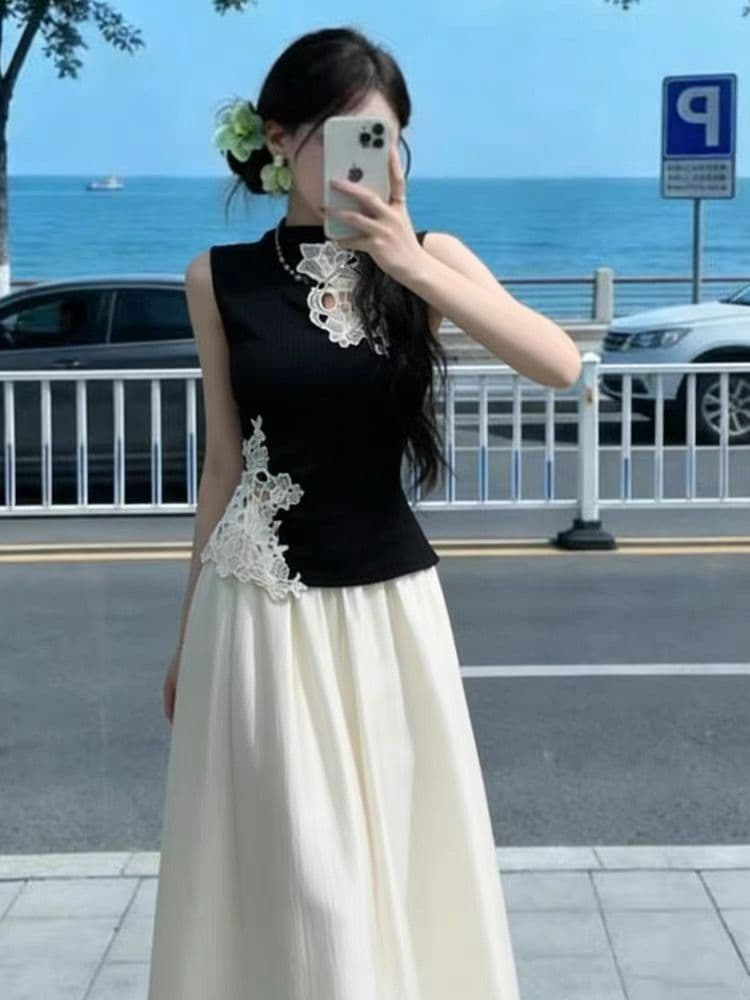 1 1 순면 리브 원본 홀로우 아웃 트임 테두리 압착 레이스 홀로우 아웃 디자인 높은 탄력성 품질 민소매 상세 이미지 5