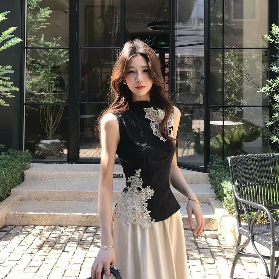 1 1 순면 리브 원본 홀로우 아웃 트임 테두리 압착 레이스 홀로우 아웃 디자인 높은 탄력성 품질 민소매 상세 이미지 6