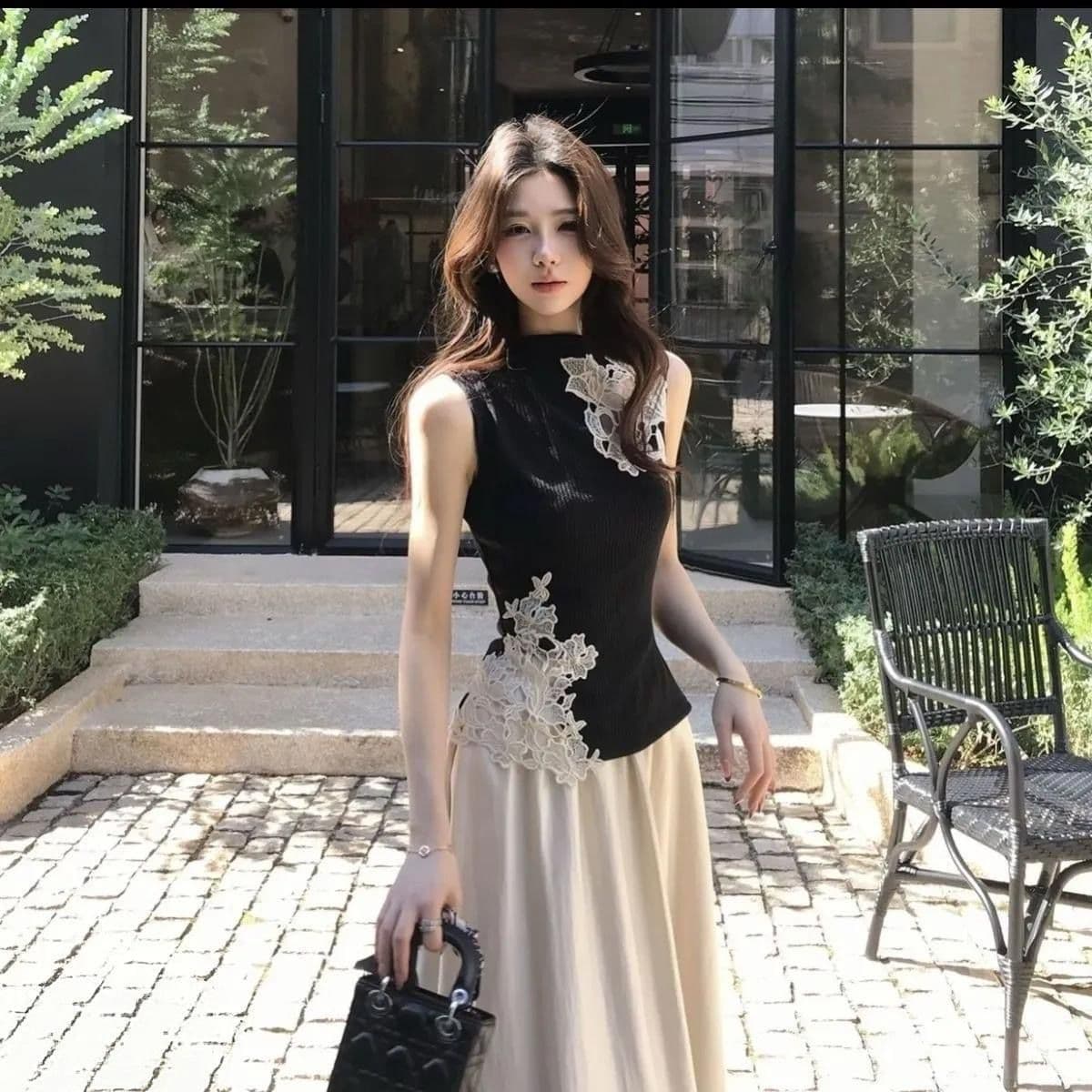 1 1 순면 리브 원본 홀로우 아웃 트임 테두리 압착 레이스 홀로우 아웃 디자인 높은 탄력성 품질 민소매 상세 이미지 7