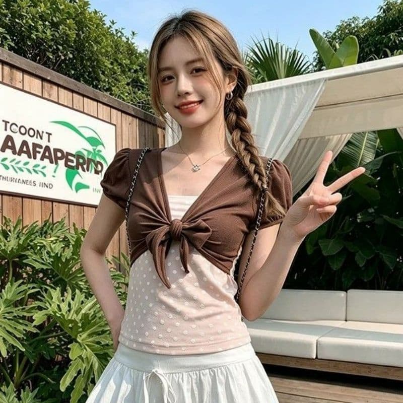210g 사람들 면 와 사고 방식 도트 무늬 천 프린트 배색 페이크 레이어드 반팔 티셔츠 여성 여름 나비 매듭 스트랩 이미지 3