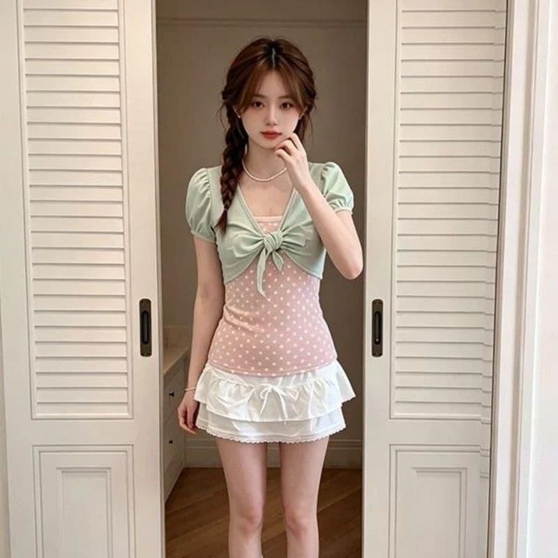 210g 사람들 면 와 사고 방식 도트 무늬 천 프린트 배색 페이크 레이어드 반팔 티셔츠 여성 여름 나비 매듭 스트랩 이미지 4