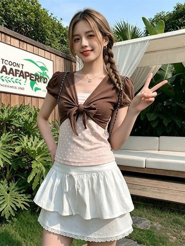 210g 사람들 면 와 사고 방식 도트 무늬 천 프린트 배색 페이크 레이어드 반팔 티셔츠 여성 여름 나비 매듭 스트랩 상세 이미지 4