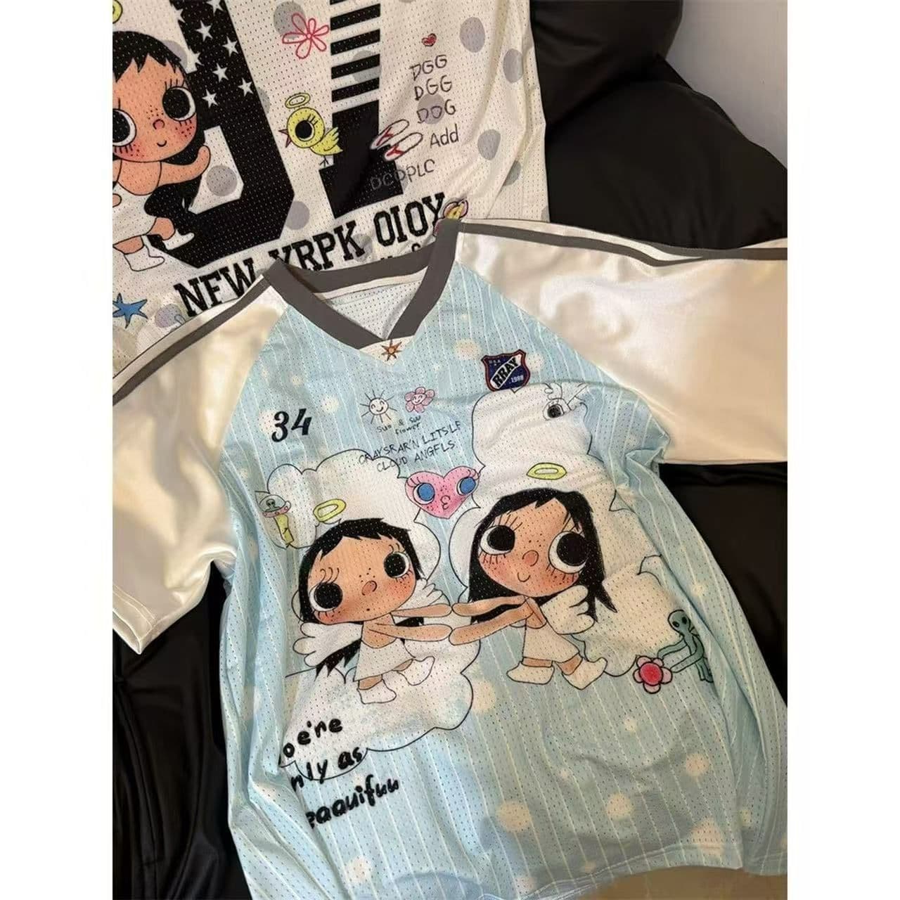 색상 차이 없음 원본 명중 에디션 루즈핏 에디션 광저우 원단 V넥 반팔 티셔츠 여성 이미지 2
