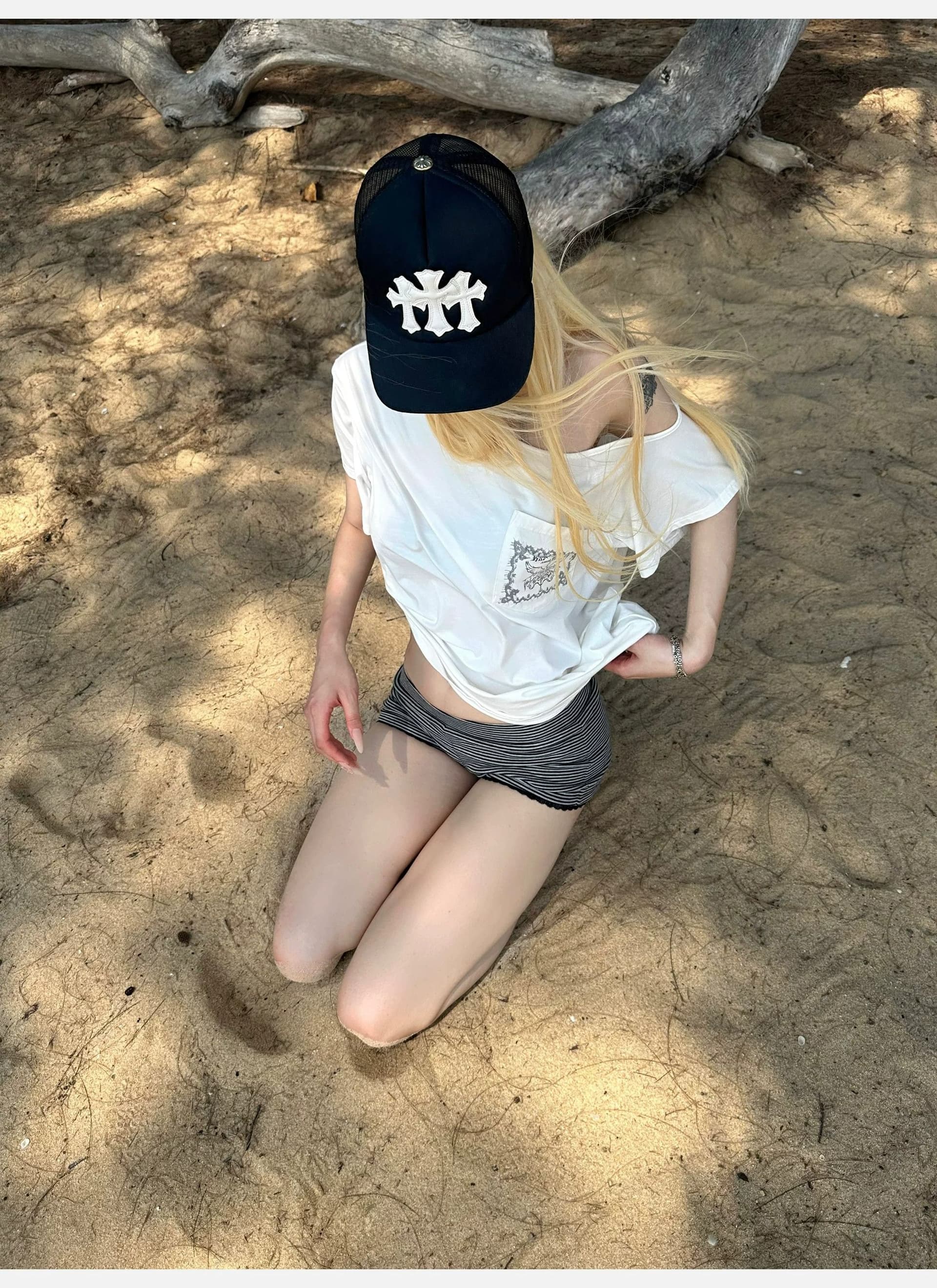 사람들 면 리브 화이트 비스듬한 어깨 주머니 티셔츠 루즈핏 반팔 캐주얼 맨위 상세 이미지 12