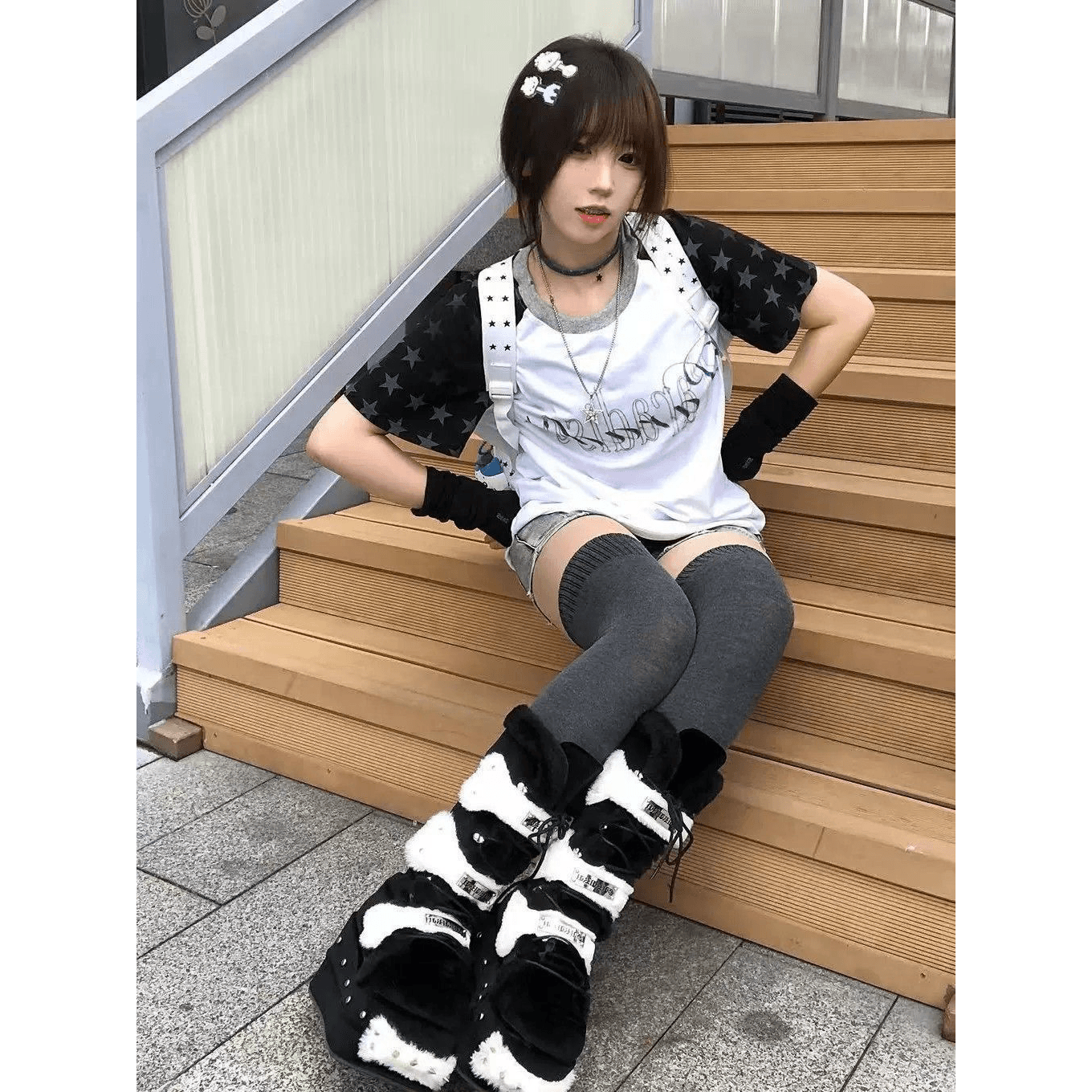 220 그램 92 면 8 암모니아 Lun 프린트 패치워크 반팔 티셔츠 여성 이미지 5