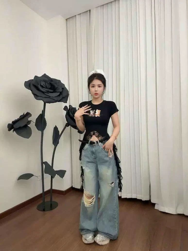 핫걸 밑단 레이스 조각 반팔 티셔츠 여성 2026 여름 새로운 고양이 프린트 몸매 가꾸기 슬림해 보이는 맨위 트렌디 상세 이미지 2