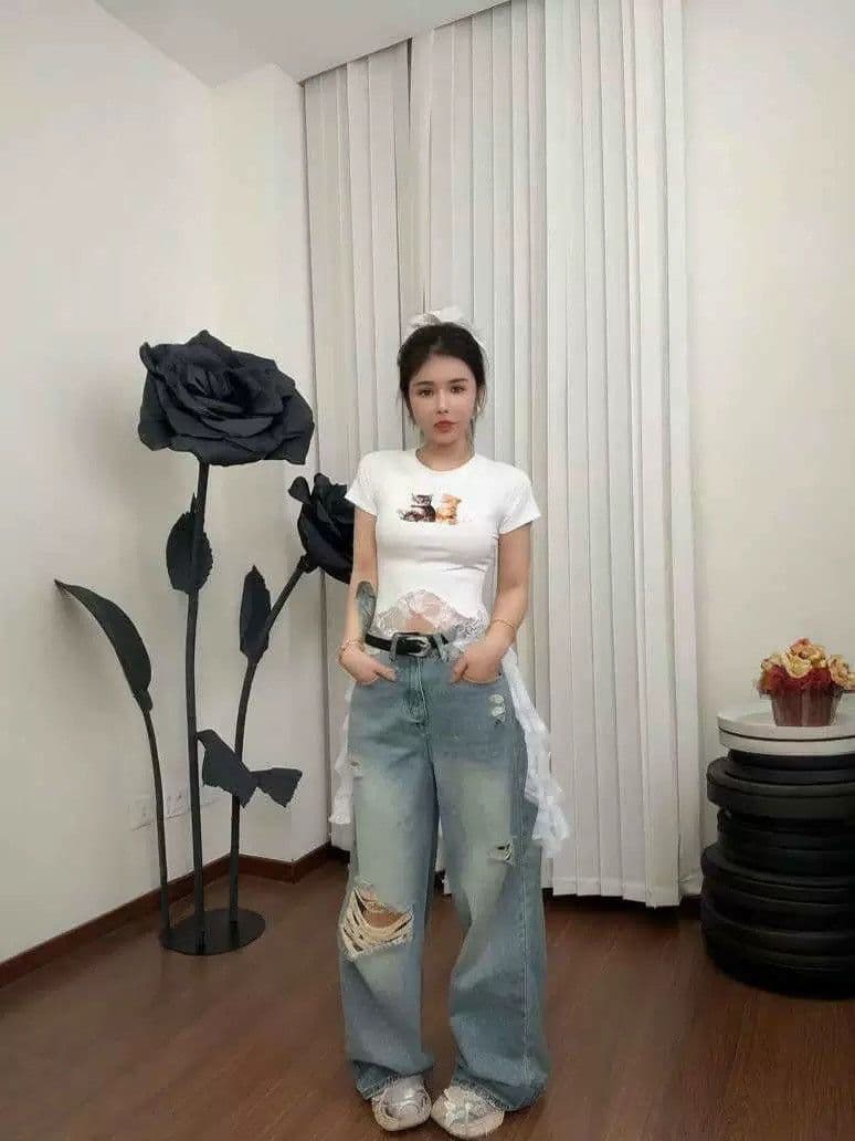 핫걸 밑단 레이스 조각 반팔 티셔츠 여성 2026 여름 새로운 고양이 프린트 몸매 가꾸기 슬림해 보이는 맨위 트렌디 상세 이미지 5