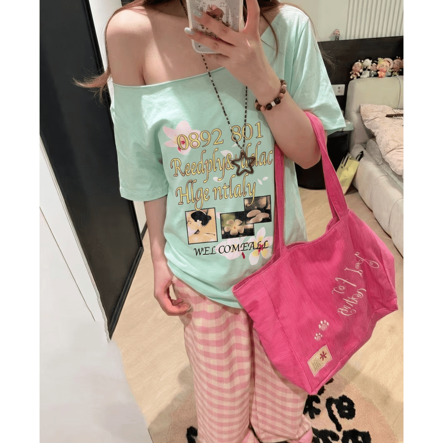 광저우 원단 원본 원단 디지털 직분사 한 부서 레트로 박하 녹색 알파벳 비스듬한 어깨 반팔 맨위 이미지 3