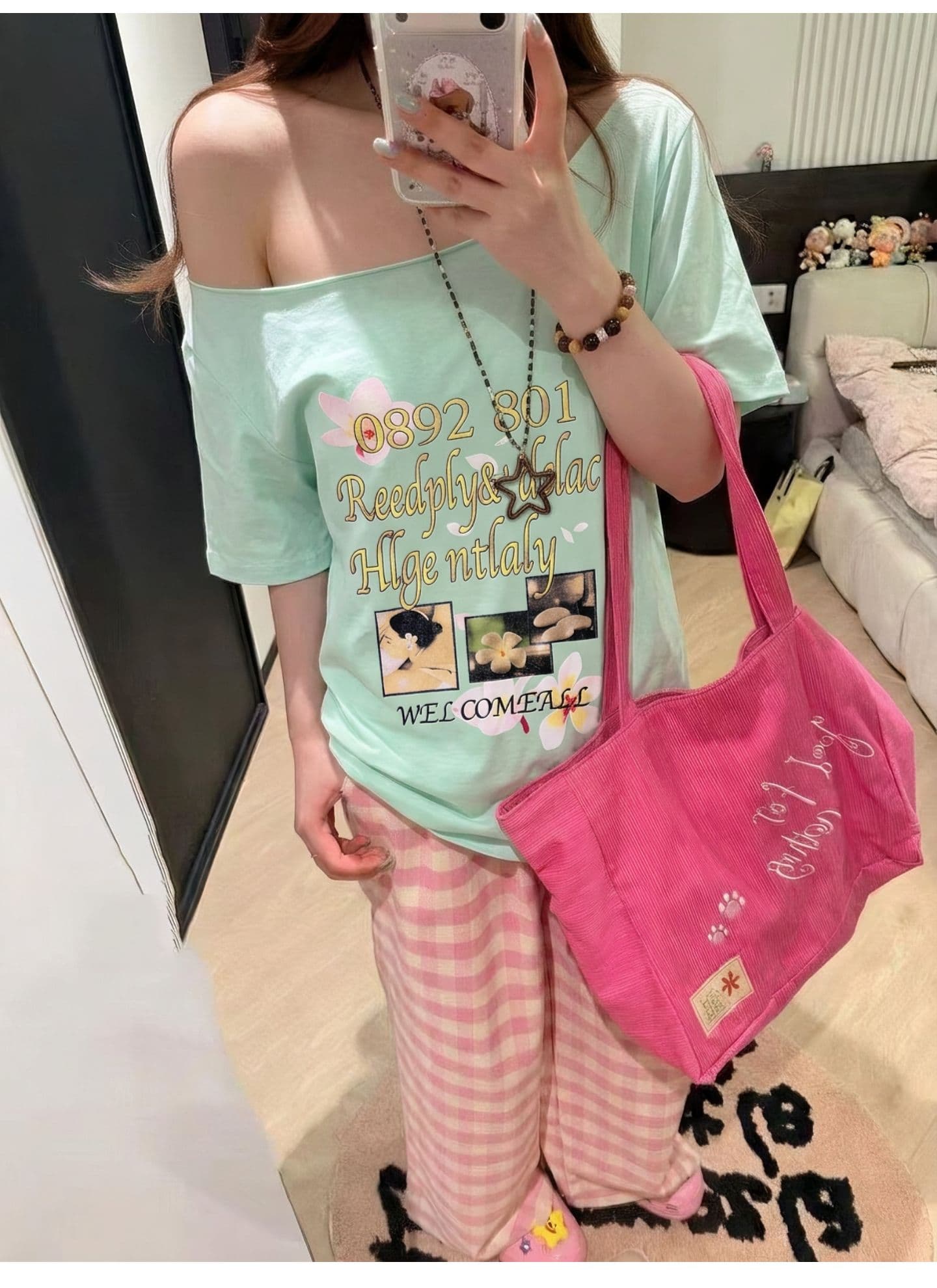 광저우 원단 원본 원단 디지털 직분사 한 부서 레트로 박하 녹색 알파벳 비스듬한 어깨 반팔 맨위 상세 이미지 5
