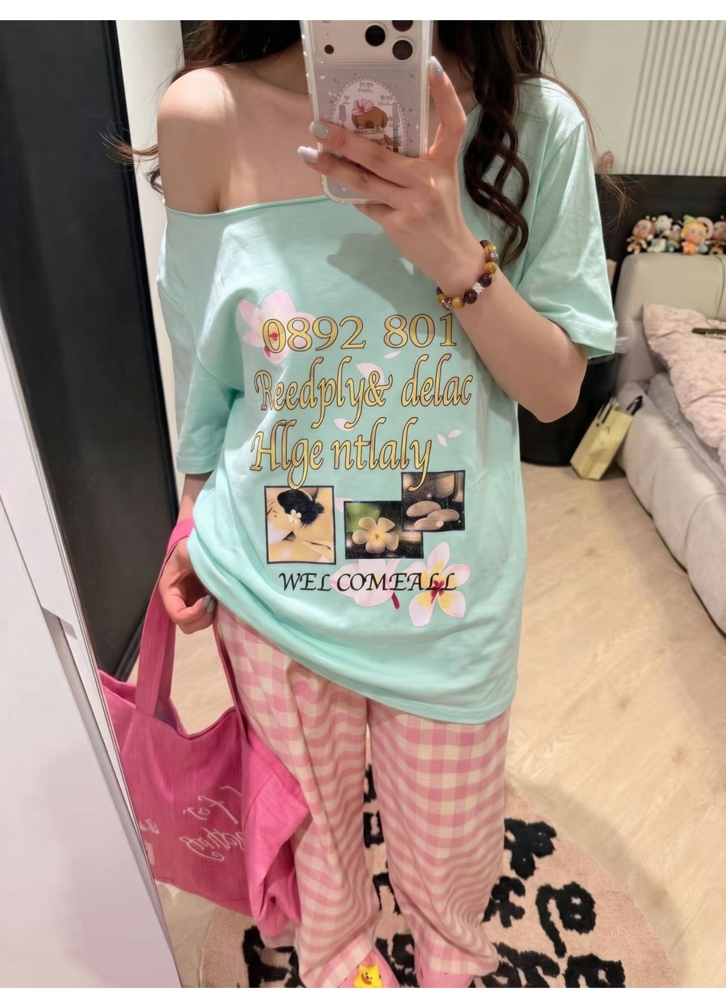 광저우 원단 원본 원단 디지털 직분사 한 부서 레트로 박하 녹색 알파벳 비스듬한 어깨 반팔 맨위 상세 이미지 6