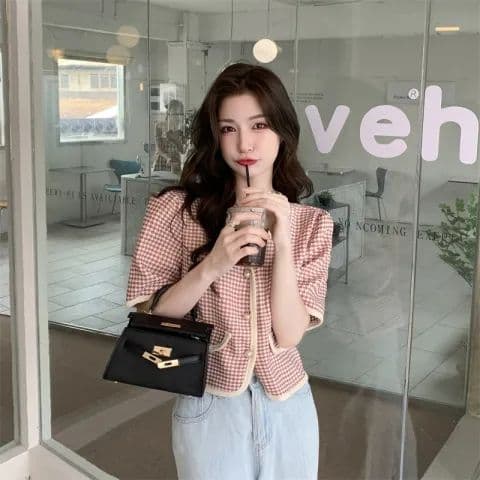작은 샤넬 스타일 셔츠 여성 코트 여름 2026 새로운 하운드투스 체크 V넥 쇼트 스타일 외국 가스 반팔 오픈 가디건 맨위 ins 상세 이미지 39
