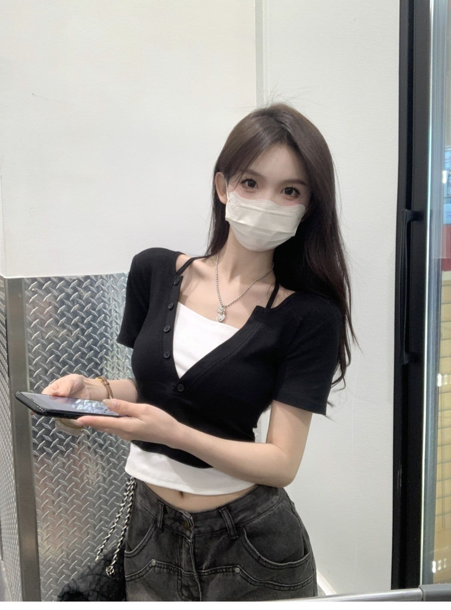 리브 여름 새로운 여성 의류 순면 순수한 욕망 행침 목 페이크 레이어드 디자인 센스 반팔 배색 티셔츠 맨위 이미지 2