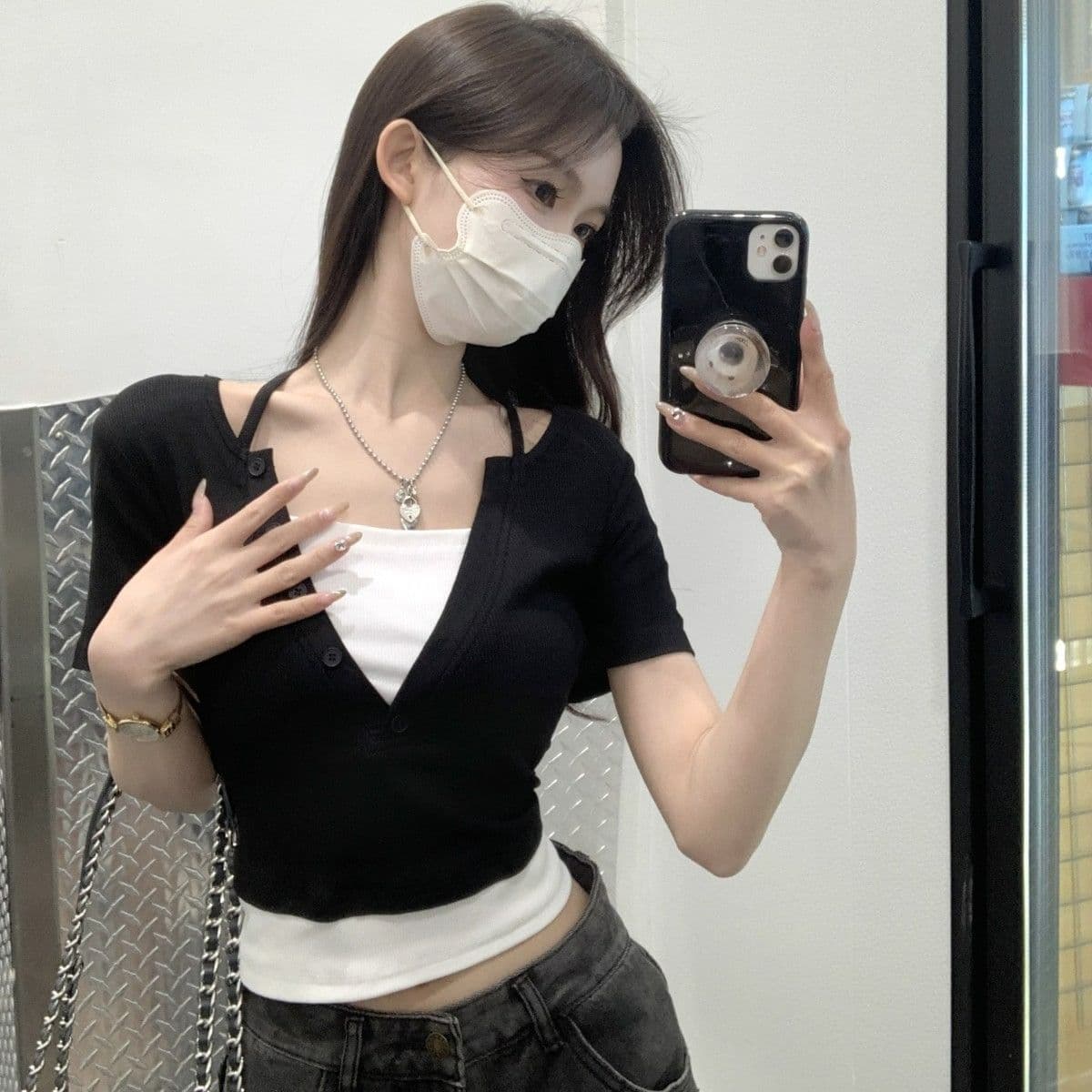 리브 여름 새로운 여성 의류 순면 순수한 욕망 행침 목 페이크 레이어드 디자인 센스 반팔 배색 티셔츠 맨위