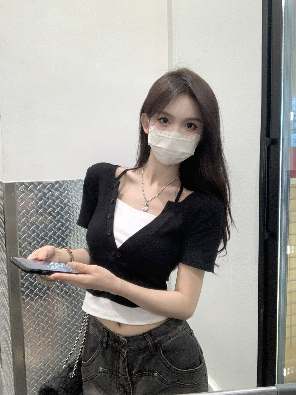 리브 여름 새로운 여성 의류 순면 순수한 욕망 행침 목 페이크 레이어드 디자인 센스 반팔 배색 티셔츠 맨위 상세 이미지 7