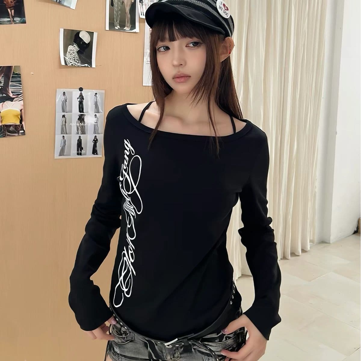 220 그램 92 면 8 암모니아 Lun 비스듬한 칼라 오프숄더 티셔츠 여성 긴 소매 기본 셔츠 여성 이미지 4