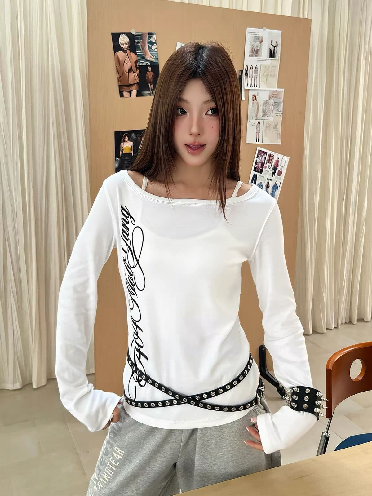 220 그램 92 면 8 암모니아 Lun 비스듬한 칼라 오프숄더 티셔츠 여성 긴 소매 기본 셔츠 여성 이미지 3