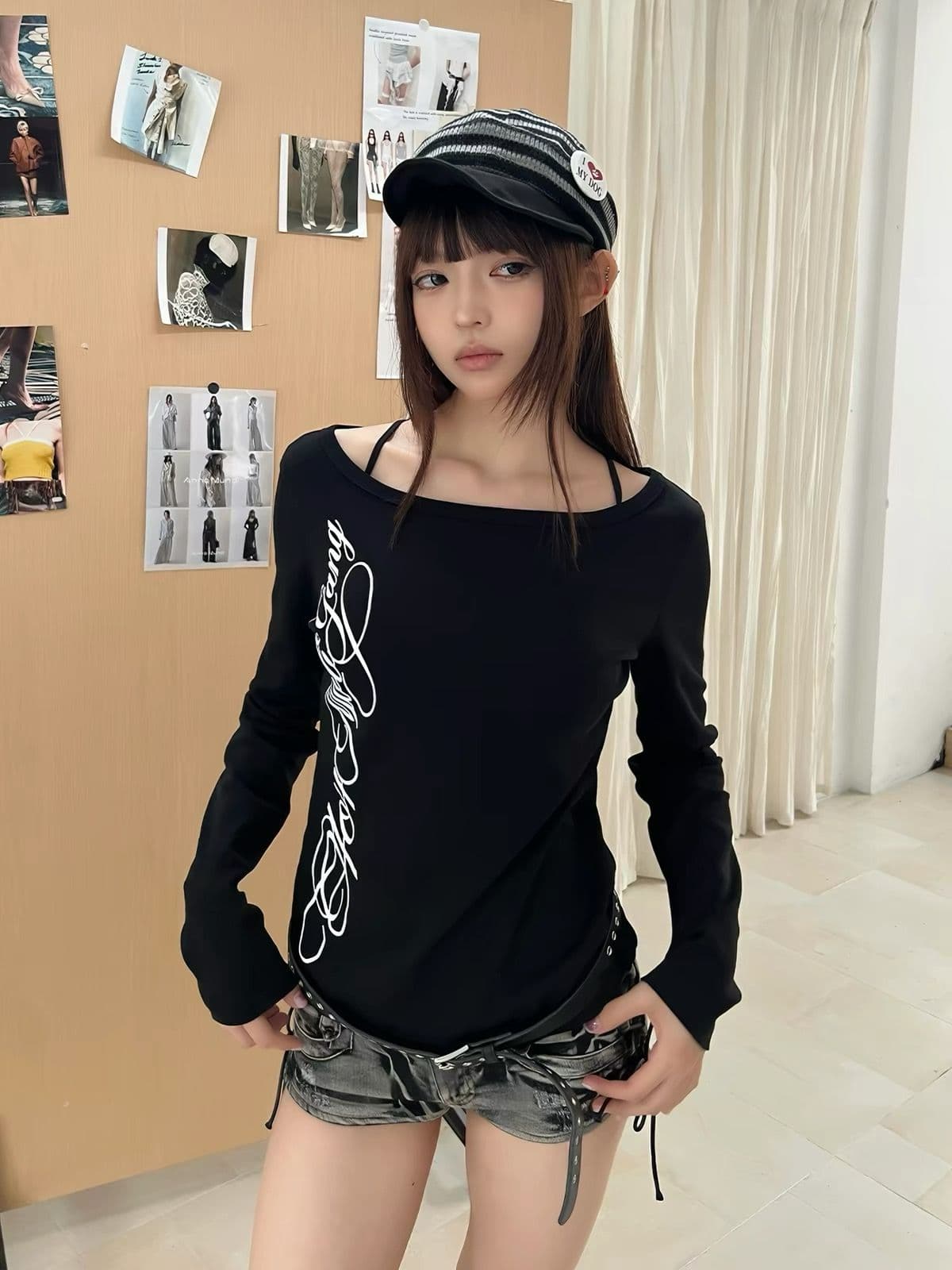 220 그램 92 면 8 암모니아 Lun 비스듬한 칼라 오프숄더 티셔츠 여성 긴 소매 기본 셔츠 여성 상세 이미지 2