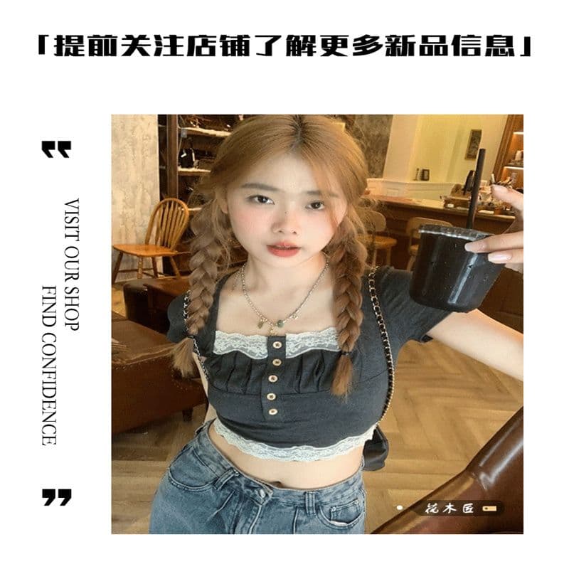 프랑스식 레이스 조각 광장 칼라 반팔 티셔츠 여성 여름 2026 새로운 품격 쇼트 스타일 몸매 가꾸기 슬림해 보이는 맨위 트렌디 상세 이미지 3