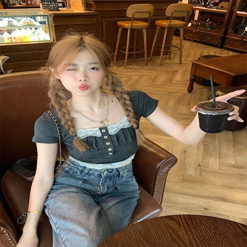 프랑스식 레이스 조각 광장 칼라 반팔 티셔츠 여성 여름 2026 새로운 품격 쇼트 스타일 몸매 가꾸기 슬림해 보이는 맨위 트렌디 상세 이미지 8
