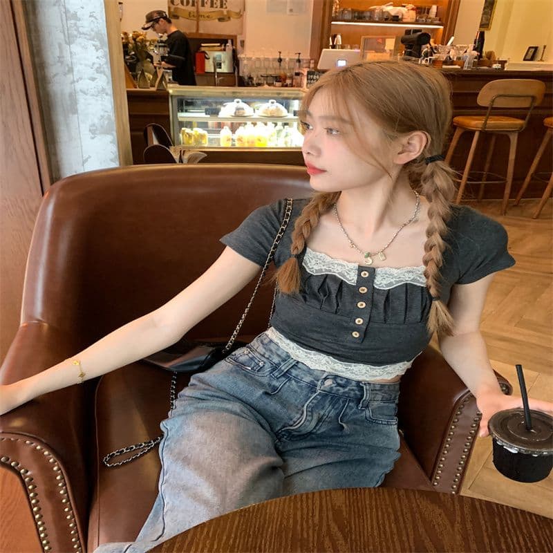프랑스식 레이스 조각 광장 칼라 반팔 티셔츠 여성 여름 2026 새로운 품격 쇼트 스타일 몸매 가꾸기 슬림해 보이는 맨위 트렌디 상세 이미지 9