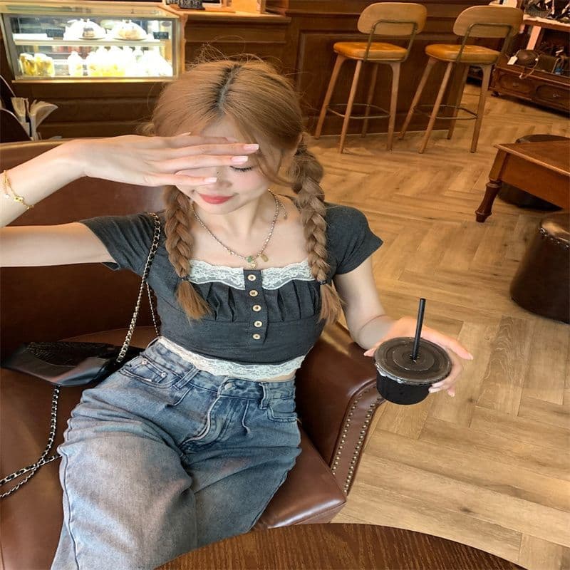 프랑스식 레이스 조각 광장 칼라 반팔 티셔츠 여성 여름 2026 새로운 품격 쇼트 스타일 몸매 가꾸기 슬림해 보이는 맨위 트렌디 상세 이미지 10