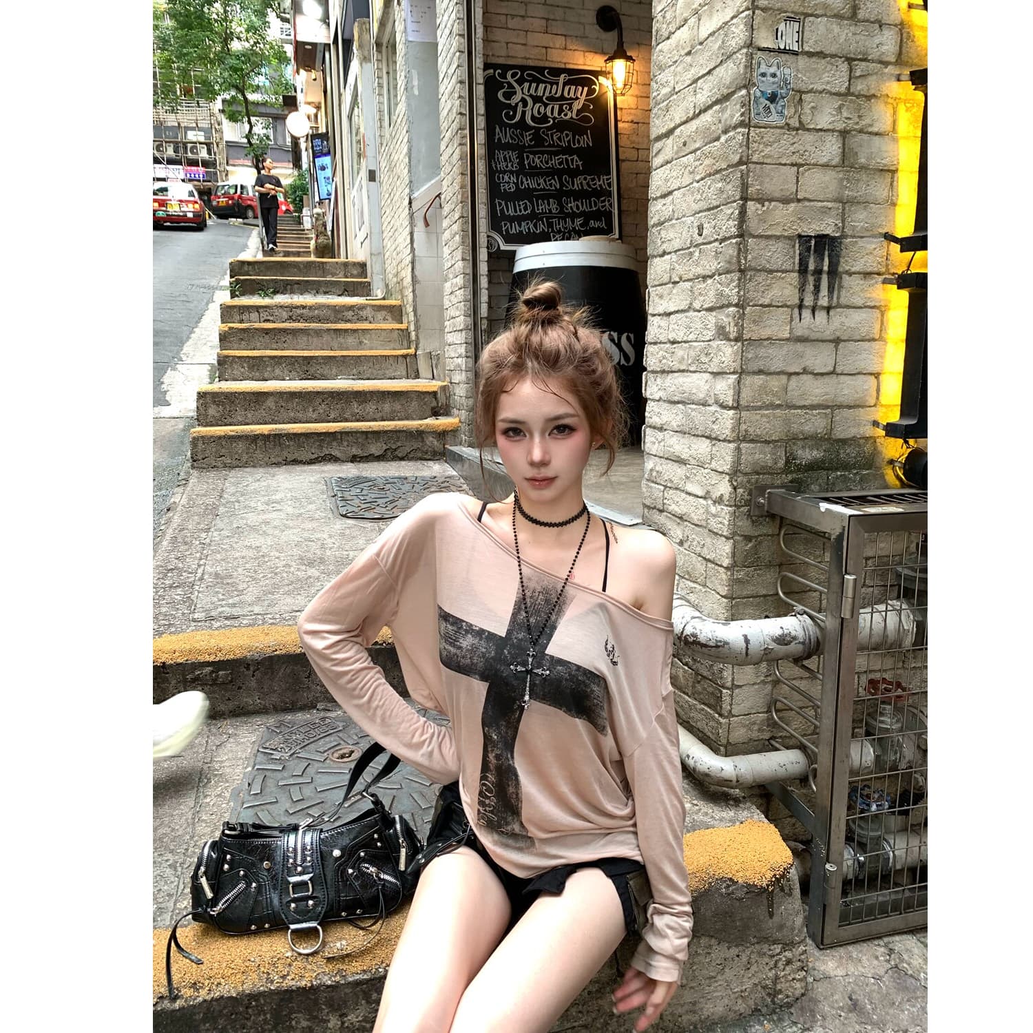 광저우 원본 주간 실크 빛 아시아 인 바람 느긋한 십자가 블라우스 여성 여름 순수한 욕망 마이크로 ~을 통해 얇은 스타일 비스듬한 어깨 긴팔 이미지 4