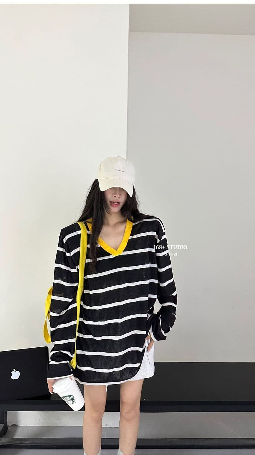 아메리칸 레트로 회색 빨간색 스트라이프 V넥 긴팔 티셔츠 여성 여름 루즈핏 슬림해 보이는 느긋한 바람 자외선 차단 맨위 중간 길이 상세 이미지 6