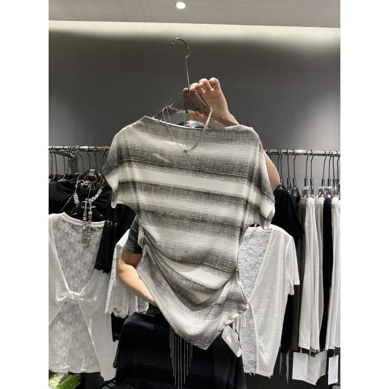 아메리칸 레트로 배색 스트라이프 보트넥 반팔 티셔츠 여름 불규칙 몸매 가꾸기 허리 수축 슬림해 보이는 품격 맨위 이미지 3
