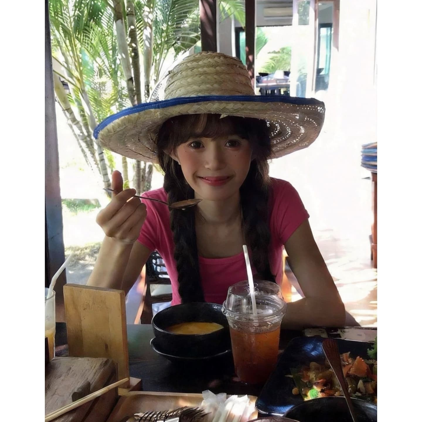 광저우 원단 원본 원단 스퀘어 입 칼라 로즈 레드 순면 반팔 티셔츠 여성 여름 몸매 가꾸기 맨위 이미지 3