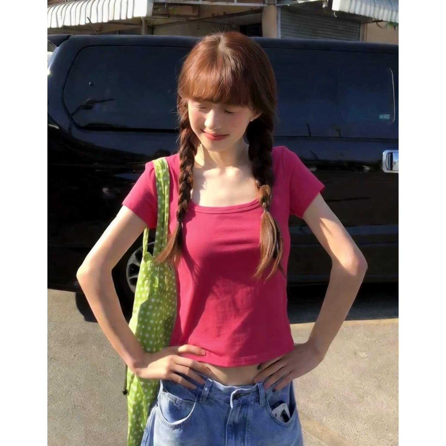 광저우 원단 원본 원단 스퀘어 입 칼라 로즈 레드 순면 반팔 티셔츠 여성 여름 몸매 가꾸기 맨위 상세 이미지 2