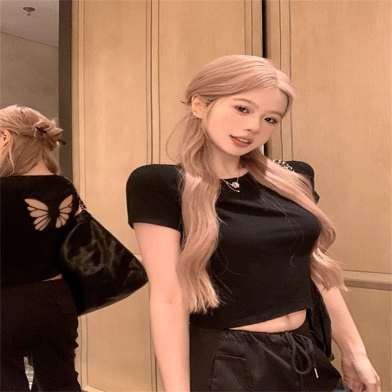 나비 자수 홀로우 아웃 라운드 넥 반팔 티셔츠 여성 여름 디자인 센스 작은 대중 몸매 가꾸기 핫걸 쇼트 스타일 빨간색 맨위 상세 이미지 11