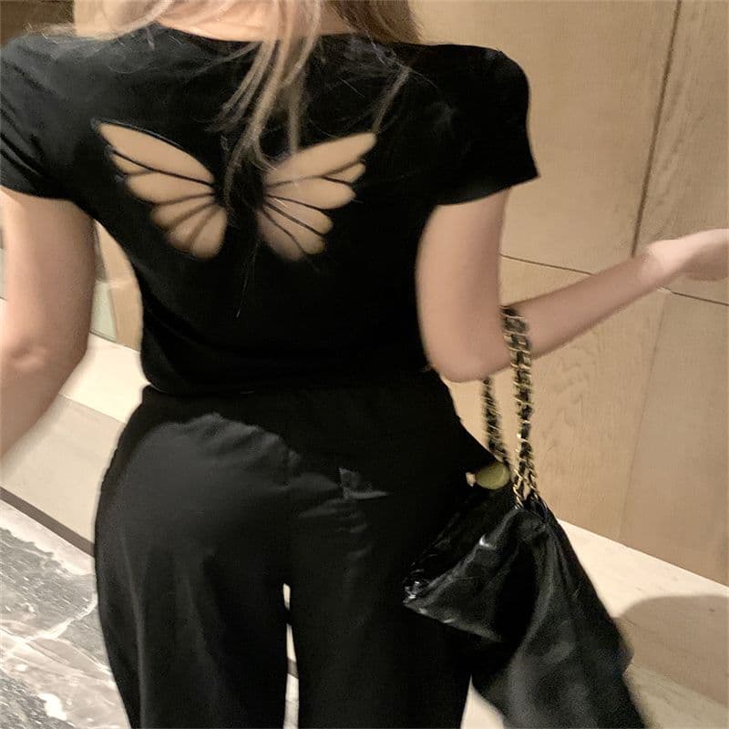 나비 자수 홀로우 아웃 라운드 넥 반팔 티셔츠 여성 여름 디자인 센스 작은 대중 몸매 가꾸기 핫걸 쇼트 스타일 빨간색 맨위 상세 이미지 15