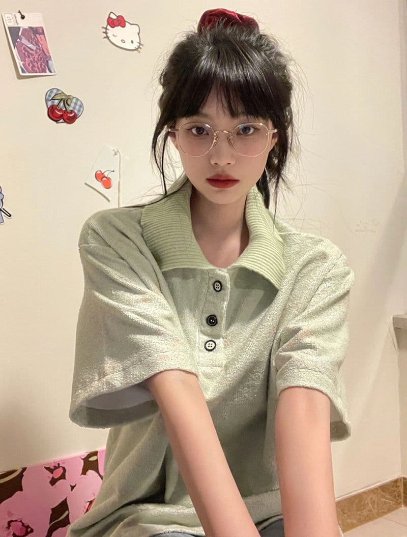 녹색 작은 대중 디자인 센스 POLO 칼라 반팔 티셔츠 여성 oversize 여름 섹션 아메리칸 레트로 루즈핏 맨위