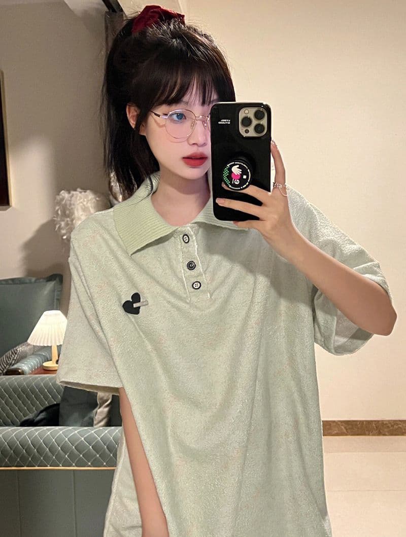 녹색 작은 대중 디자인 센스 POLO 칼라 반팔 티셔츠 여성 oversize 여름 섹션 아메리칸 레트로 루즈핏 맨위 이미지 3