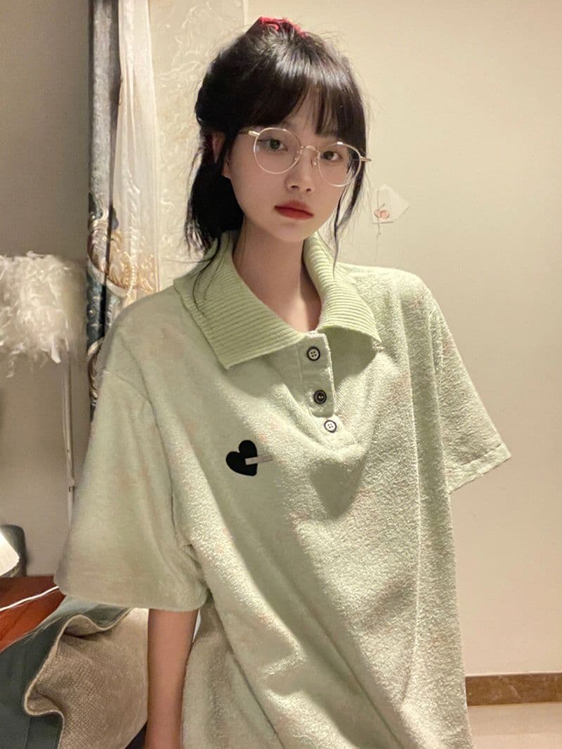 녹색 작은 대중 디자인 센스 POLO 칼라 반팔 티셔츠 여성 oversize 여름 섹션 아메리칸 레트로 루즈핏 맨위 이미지 4