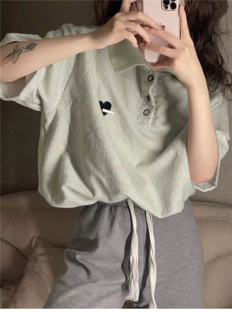 녹색 작은 대중 디자인 센스 POLO 칼라 반팔 티셔츠 여성 oversize 여름 섹션 아메리칸 레트로 루즈핏 맨위 상세 이미지 1