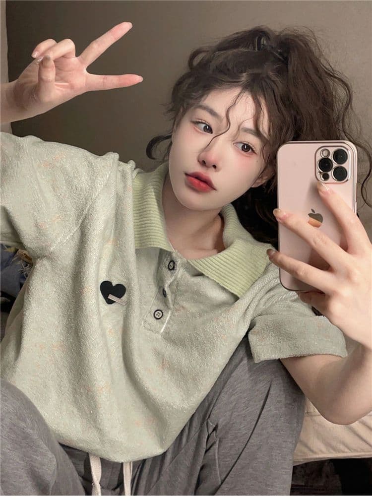 녹색 작은 대중 디자인 센스 POLO 칼라 반팔 티셔츠 여성 oversize 여름 섹션 아메리칸 레트로 루즈핏 맨위 상세 이미지 2