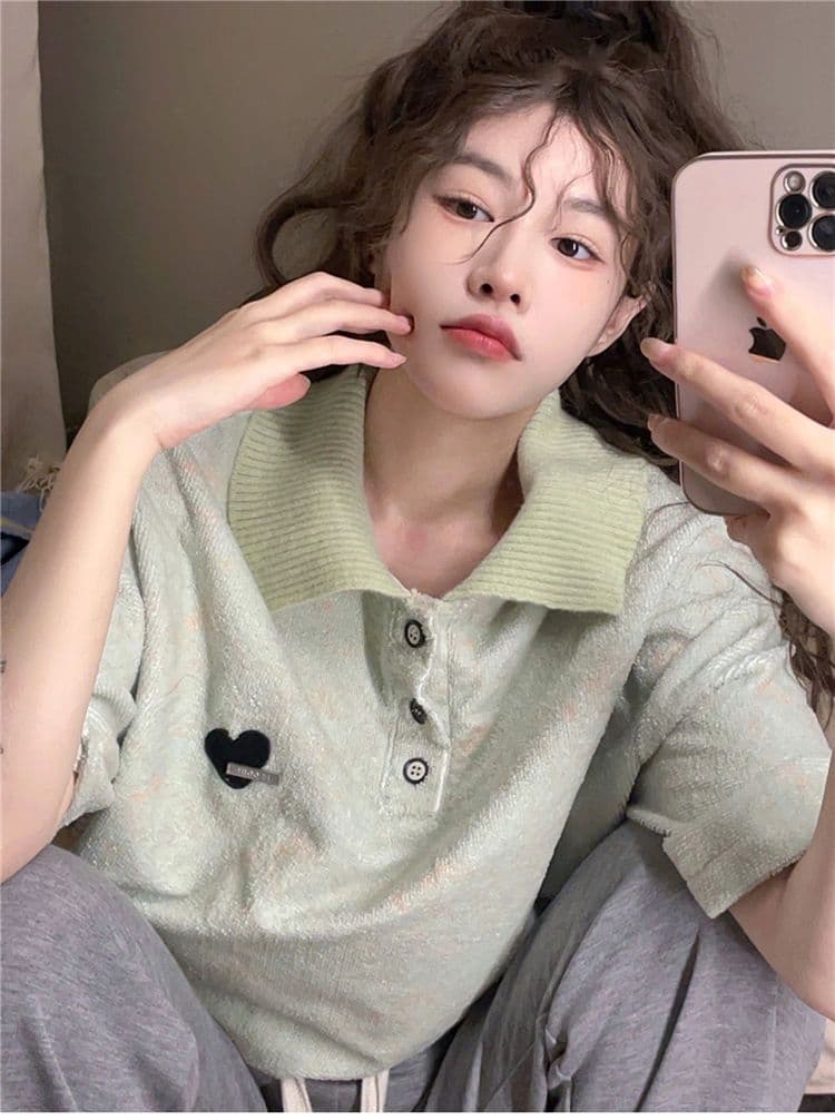 녹색 작은 대중 디자인 센스 POLO 칼라 반팔 티셔츠 여성 oversize 여름 섹션 아메리칸 레트로 루즈핏 맨위 상세 이미지 3