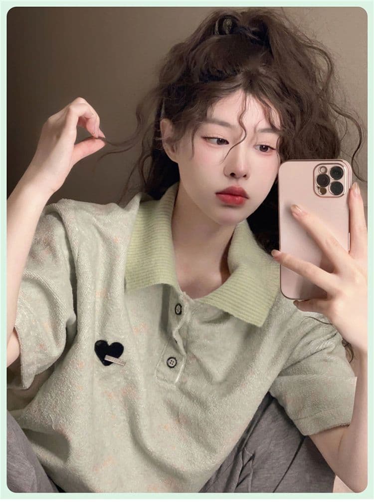 녹색 작은 대중 디자인 센스 POLO 칼라 반팔 티셔츠 여성 oversize 여름 섹션 아메리칸 레트로 루즈핏 맨위 상세 이미지 4