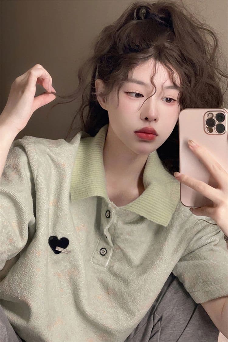 녹색 작은 대중 디자인 센스 POLO 칼라 반팔 티셔츠 여성 oversize 여름 섹션 아메리칸 레트로 루즈핏 맨위 상세 이미지 5