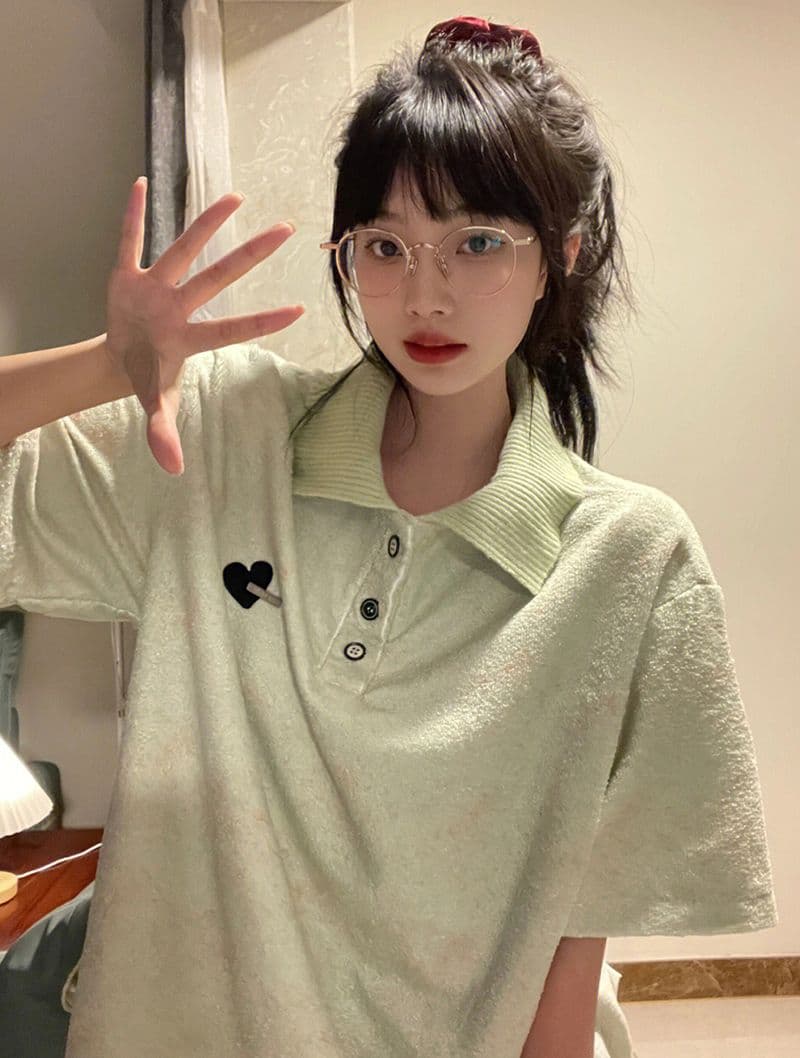 녹색 작은 대중 디자인 센스 POLO 칼라 반팔 티셔츠 여성 oversize 여름 섹션 아메리칸 레트로 루즈핏 맨위 상세 이미지 10