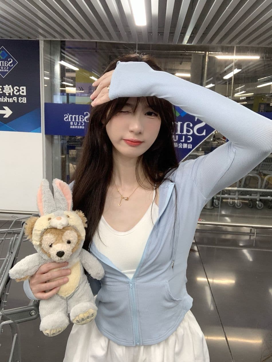 리브 한 부서 후드 얇은 스타일 자외선 차단 의류 여성 의류 운동 핫걸 품격 몸매 가꾸기 슬림해 보이는 긴팔 짧은 외투 맨위 상세 이미지 13