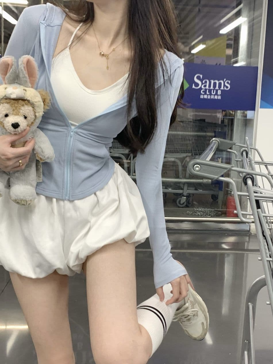 리브 한 부서 후드 얇은 스타일 자외선 차단 의류 여성 의류 운동 핫걸 품격 몸매 가꾸기 슬림해 보이는 긴팔 짧은 외투 맨위 상세 이미지 15
