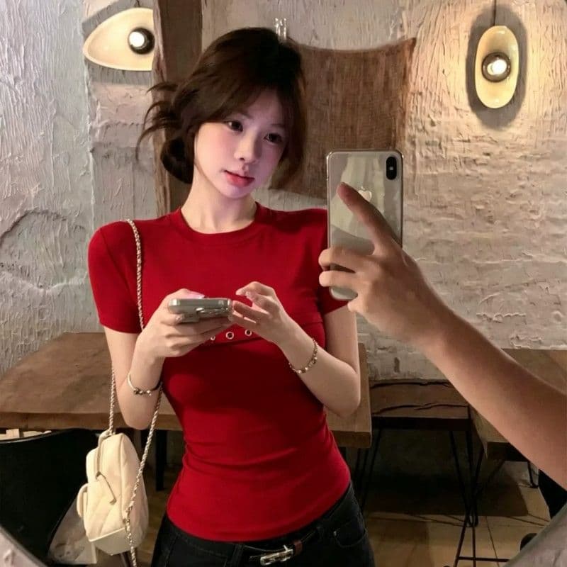 사람들 면 아메리칸 핫걸 바람 긍정적 인 어깨 반팔 티셔츠 여성 여름 가슴 벨트 버클 장식 몸매 가꾸기 슬림해 보이는 맨위 이미지 2