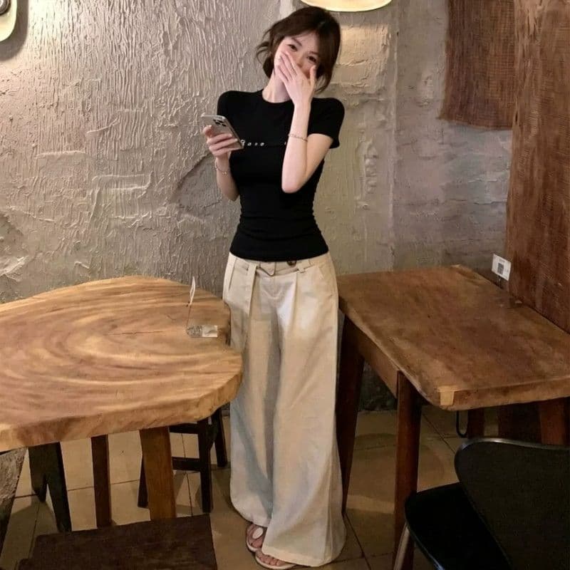 사람들 면 아메리칸 핫걸 바람 긍정적 인 어깨 반팔 티셔츠 여성 여름 가슴 벨트 버클 장식 몸매 가꾸기 슬림해 보이는 맨위 이미지 5