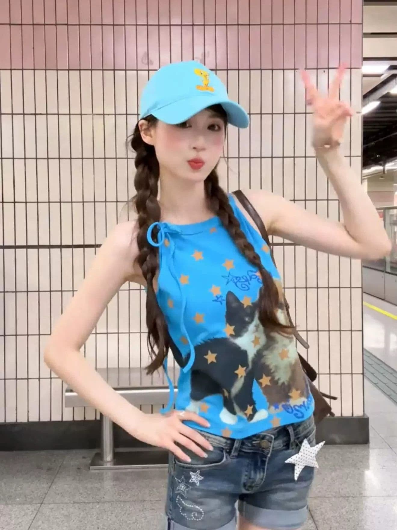 모달 면 파란색 별 새끼 고양이 프린트 캐미솔 여름 외출용 몸매 가꾸기 맨위 이미지 3